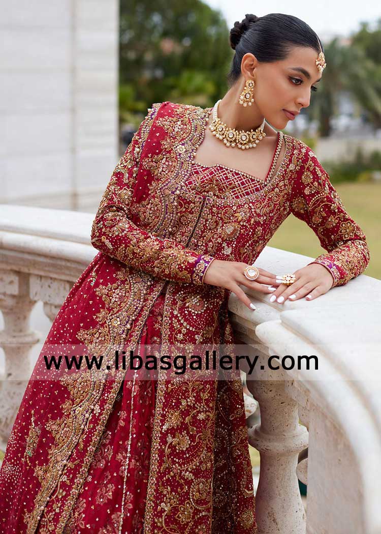 Deep Red Front open Bridal Shirt and Farshi Lehenga