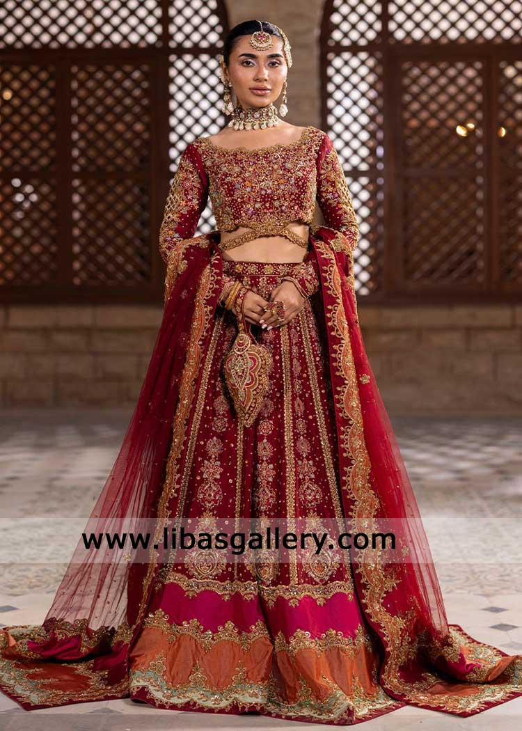 Deep Red handcrafted Bridal Lehenga Choli for Wedding