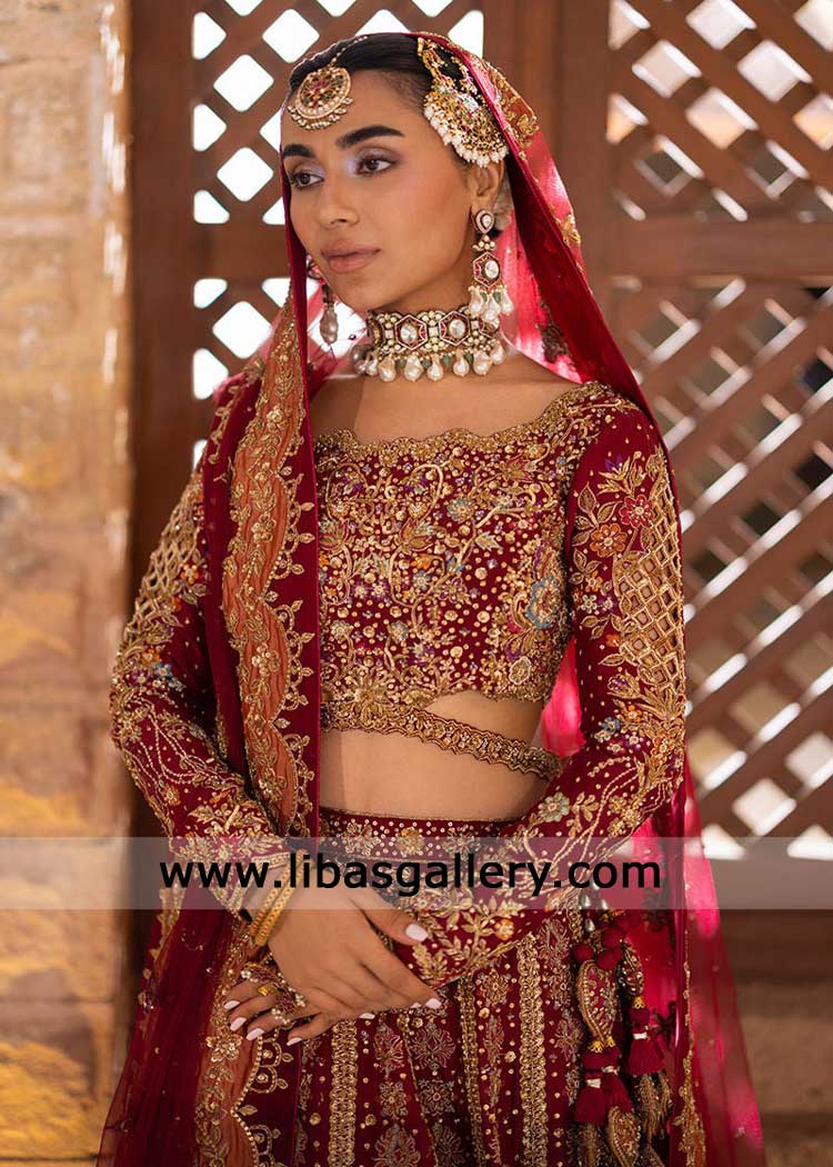 Deep Red handcrafted Bridal Lehenga Choli for Wedding