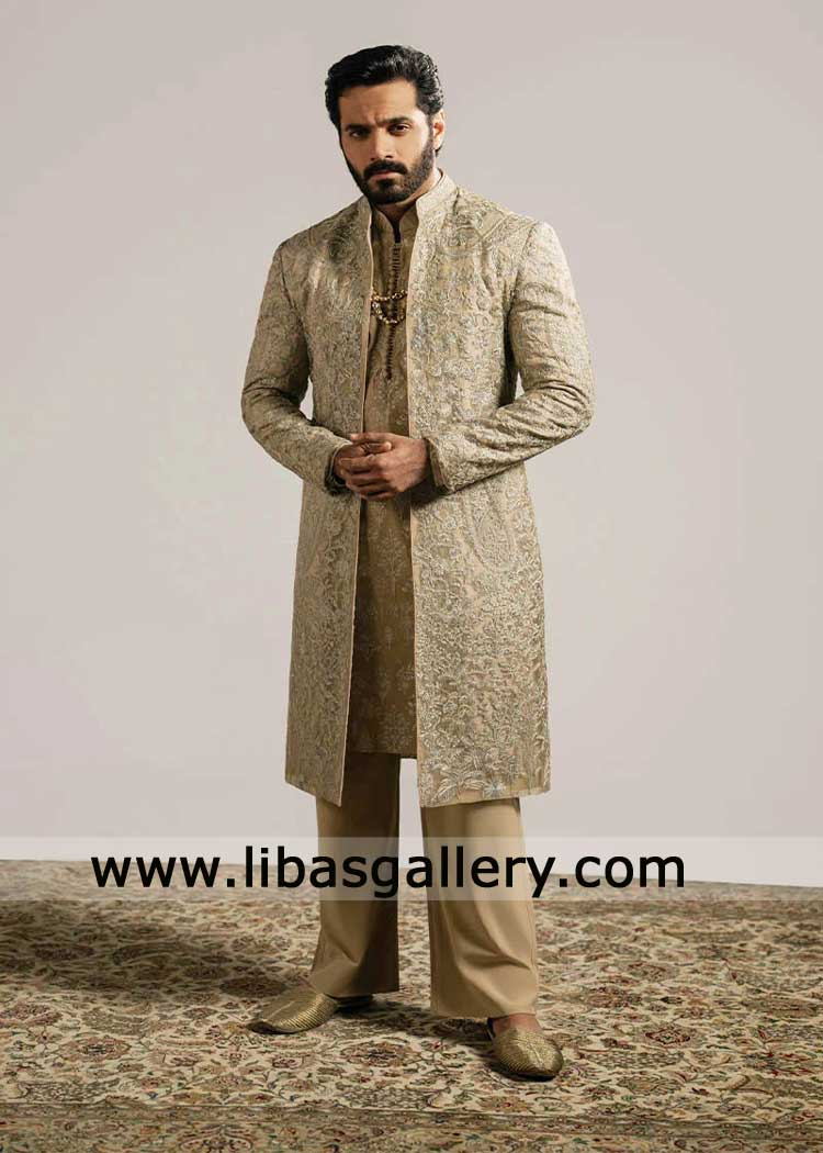 Dull Gold Open Style Sherwani Intricate Floral Pattern