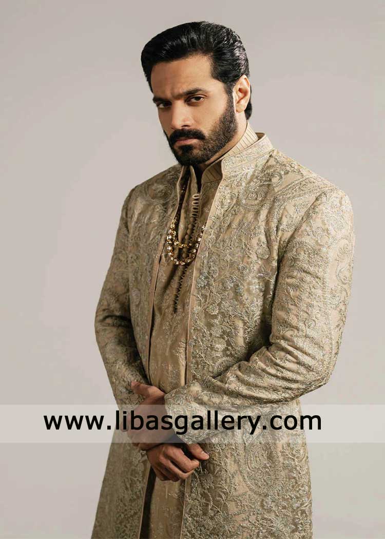Dull Gold Open Style Sherwani Intricate Floral Pattern