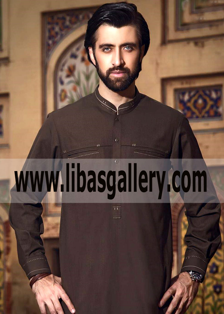 brown Pakistani kurta for Men Eid Collection Design on front pocket Collar Glasgow Southhall UK 