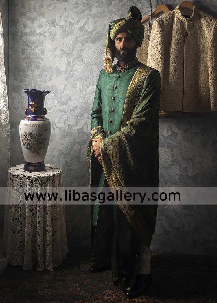 Emerald Green Self Woven Groom Embroidered Sherwani