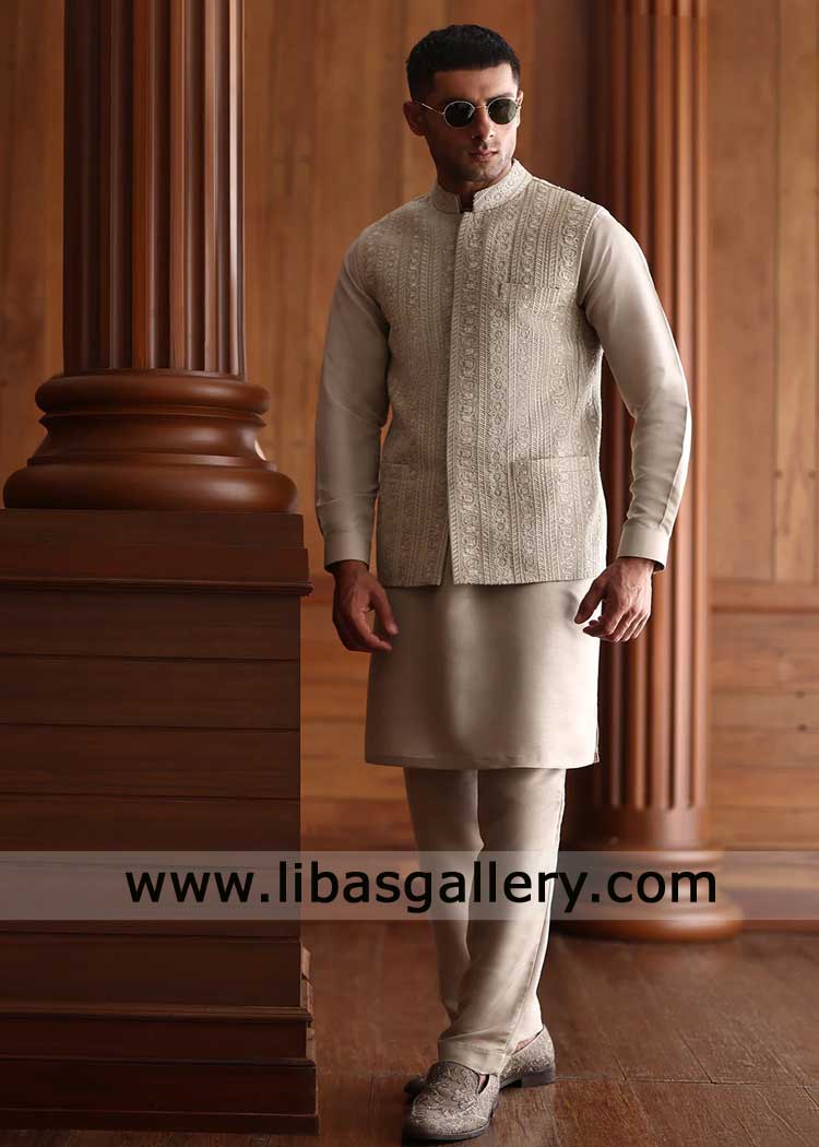 Fawn Gray Intricate Embroidered Men Waistcoat