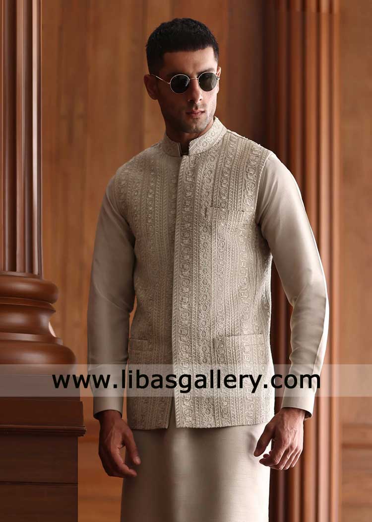 Fawn Gray Intricate Embroidered Men Waistcoat