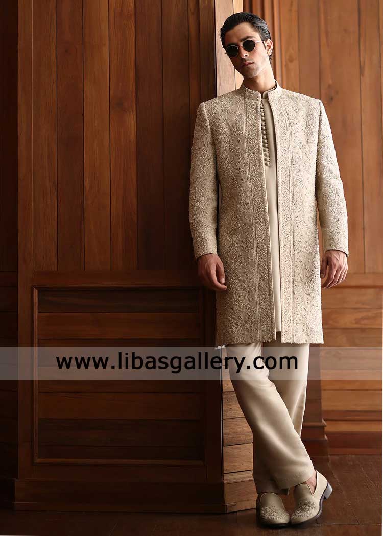 Imperial Fawn intricate hand embellished groom short length nikah baraat sherwani with comfoirt kurta trousers inner UK USA Canada Dubai,
