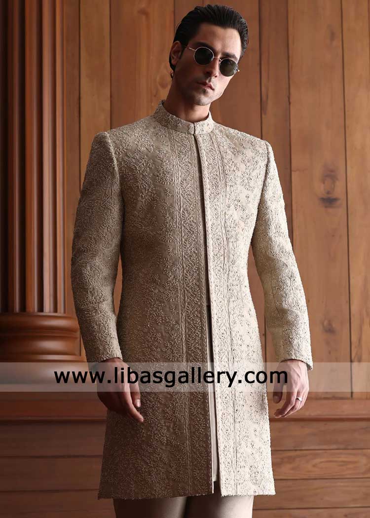 Fawn Imperial Embellished Groom Short Length Sherwani