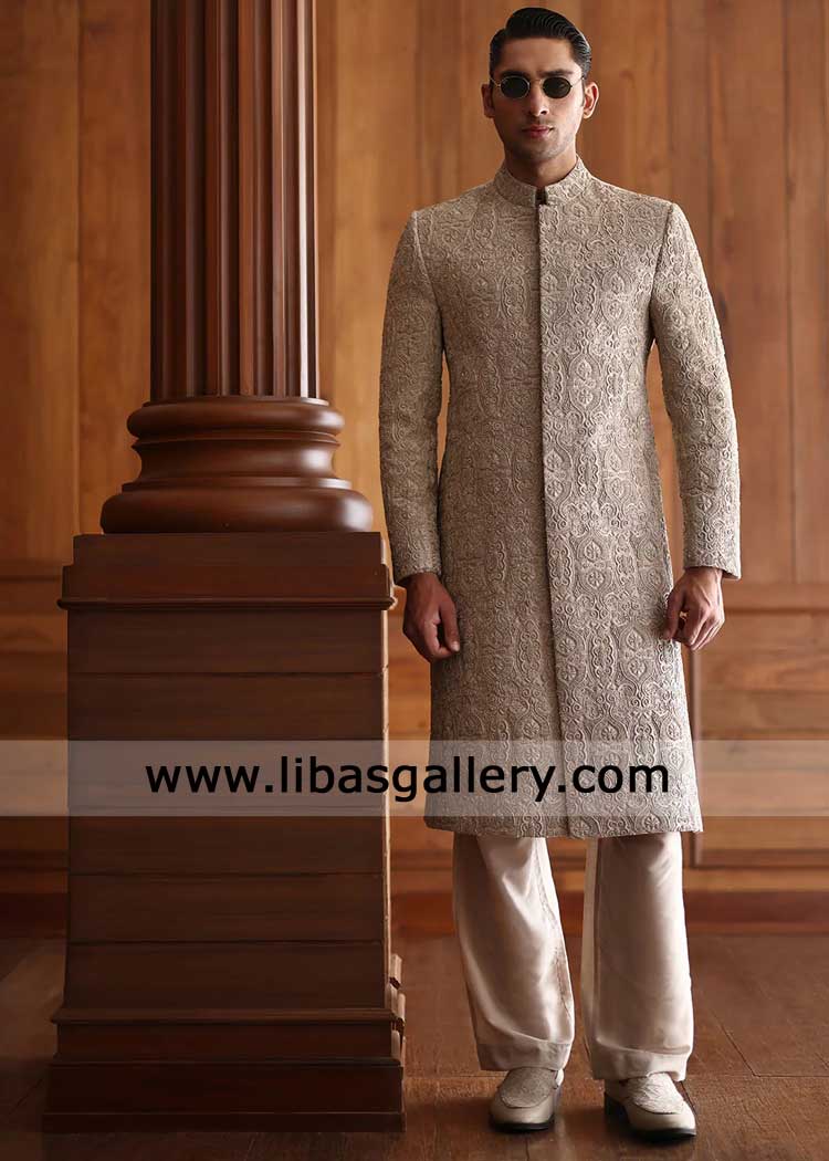 Luxury Fawn Classic hand Embroidered Sherwani for Groom | Libas Gallery latest Fashion of Dulha Sherwanis UK USA Canada Dubai Australia