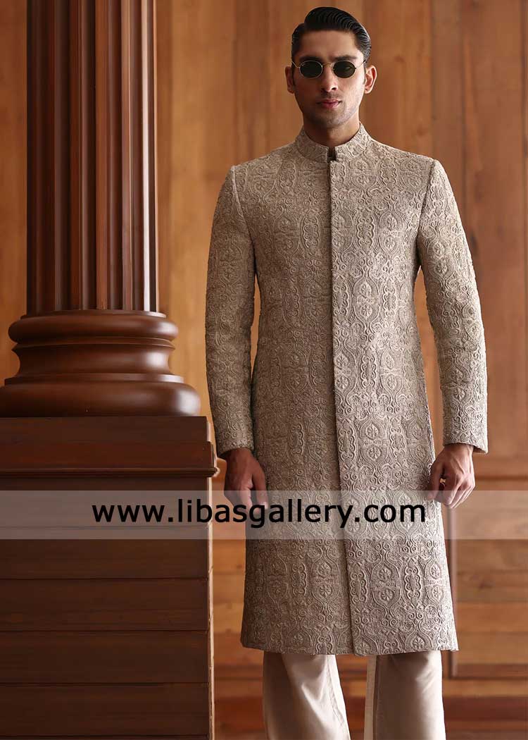 Luxury Fawn Embroidered Groom Wedding Sherwani
