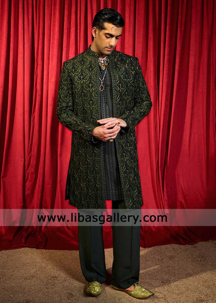 Forest Green open Embroidered Jamawar Groom Sherwani