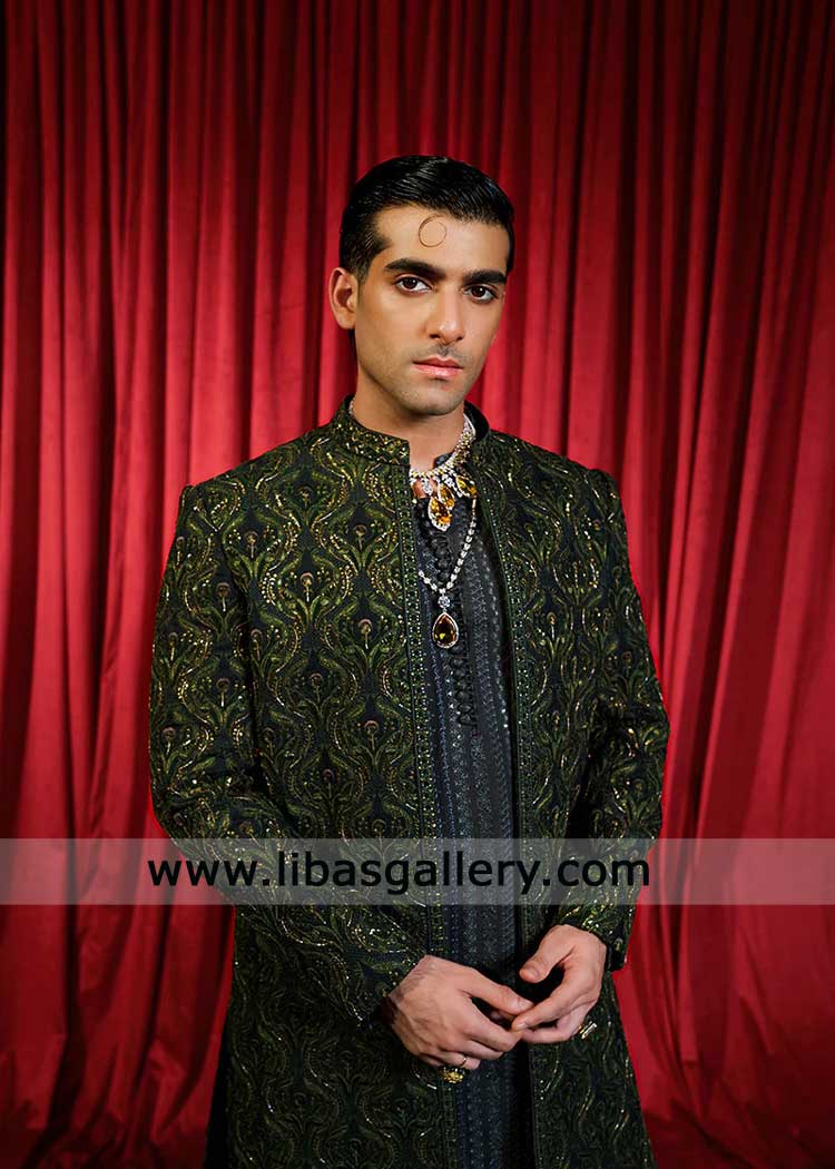Forest Green open Embroidered Jamawar Groom Sherwani