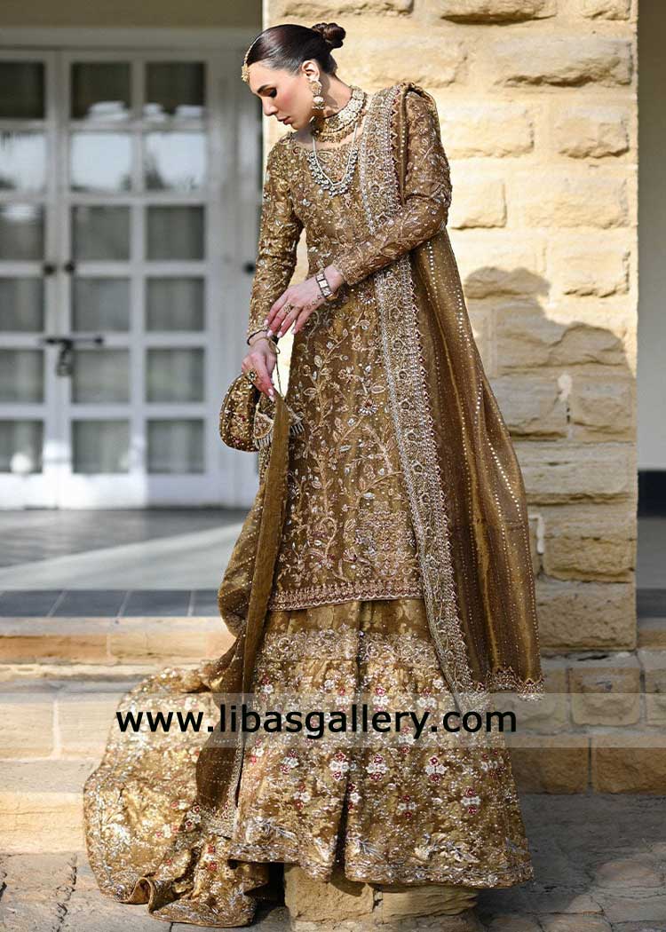 Gold bridal lehenga hand embellished with trail 