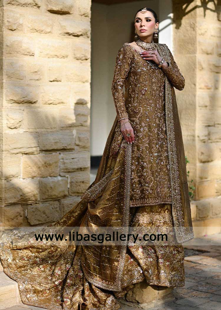 Gold bridal lehenga hand embellished with trail 