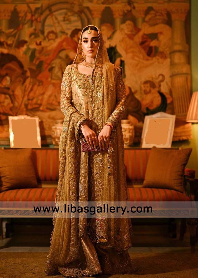 Gold Majestic Farshi Bridal Lehenga hand embellished for Wedding