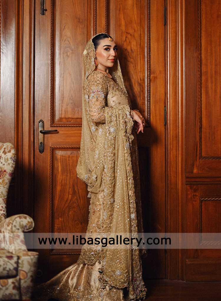 Gold Majestic Farshi Bridal Lehenga hand embellished for Wedding