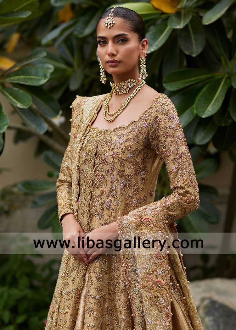 Gold Bridal Lehenga Peshwas Hand embellished with Trail