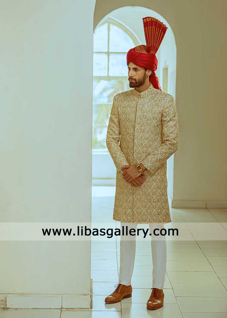 latest Gold Groom Sherwani – Embroidered Nikah Wedding Wear for men