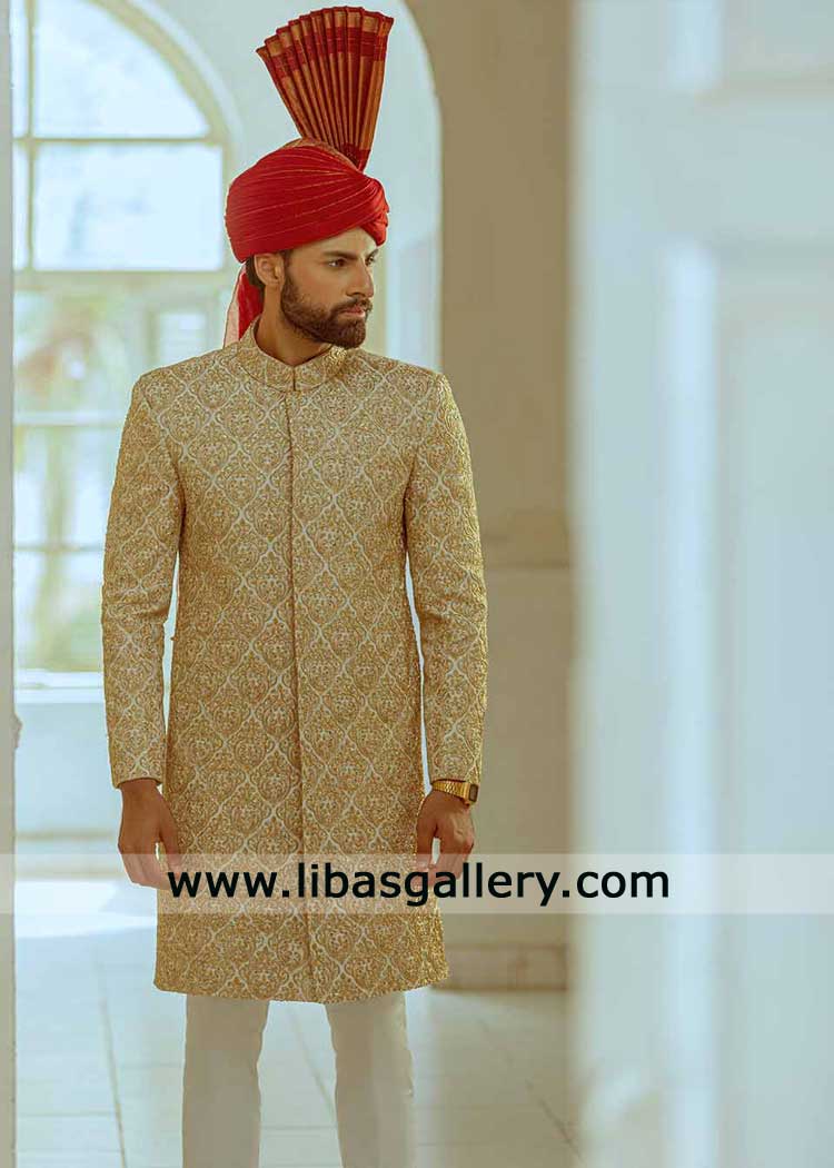 Gold Embroidered Groom Sherwani for Nikah