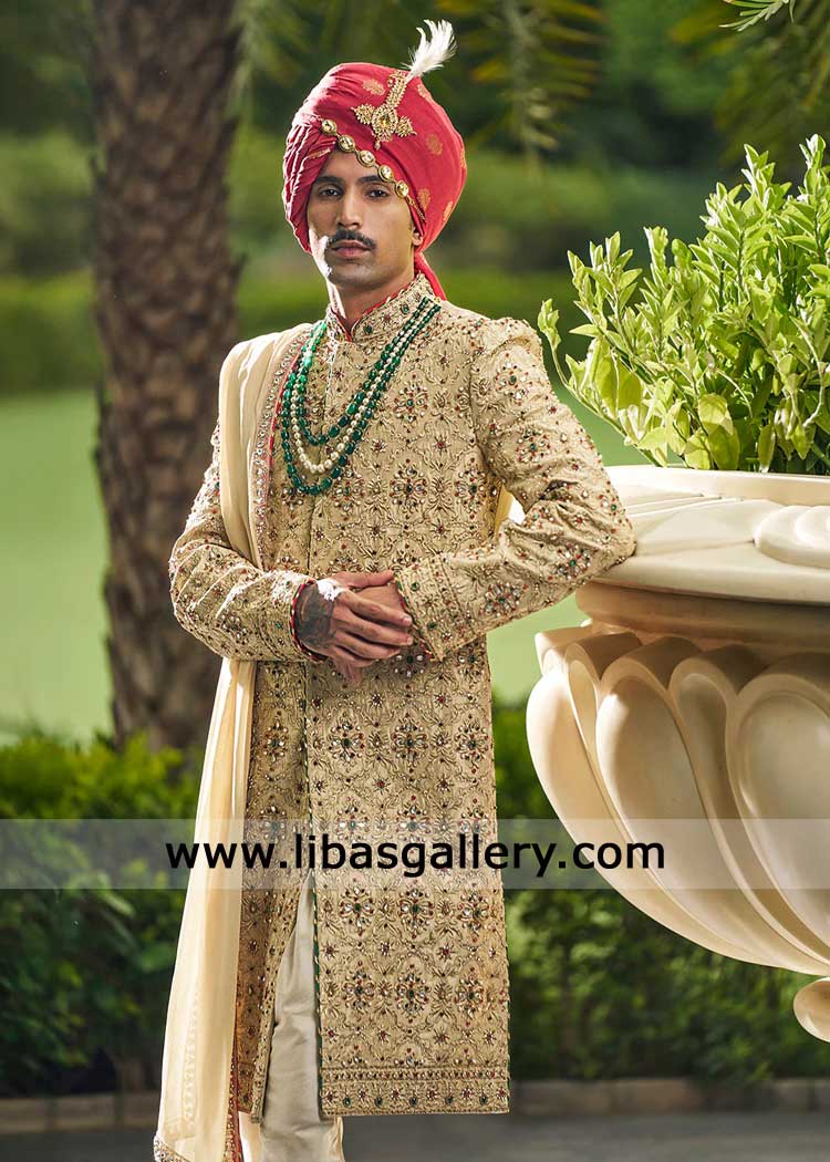 Heritage Gold Sherwani for Groom Nikah Ceremony