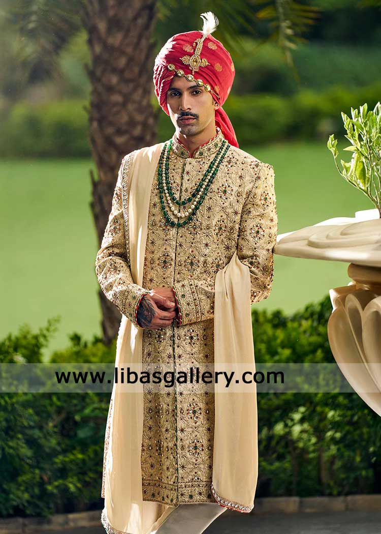 Heritage Gold Sherwani for Groom Nikah Ceremony