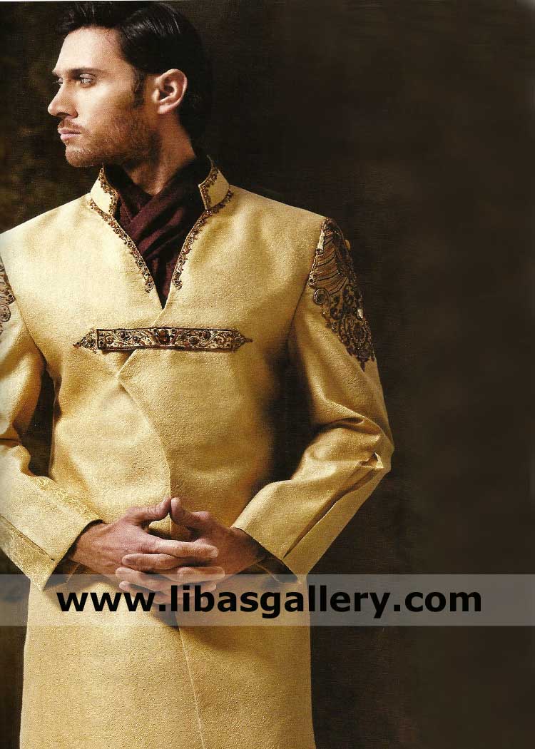 Angrakha Style Gold Jamawar Nikah Sherwani for Dulha rich hand Embellished with belt and hook closure on chest area UK USA Canada