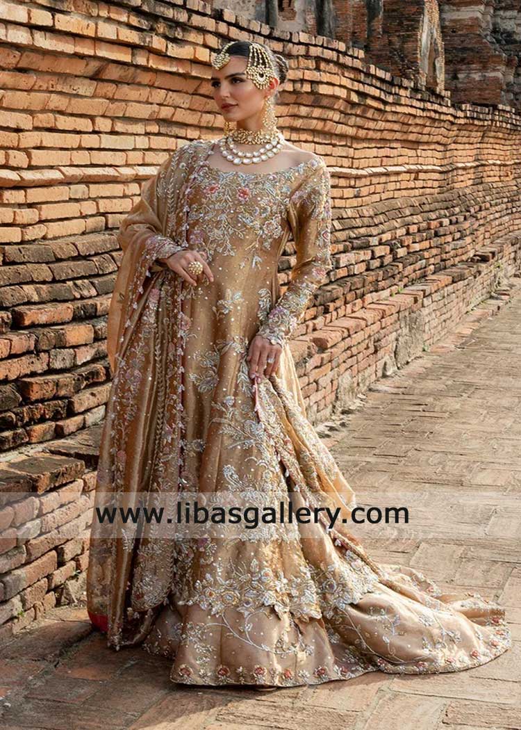 Pakistani gold bridal hand embroidered with Farshi Gharara Style