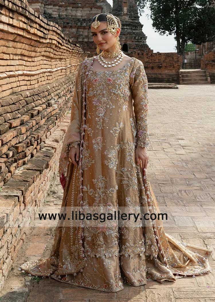 Pakistani Gold bridal shirt with Farshi lehenga