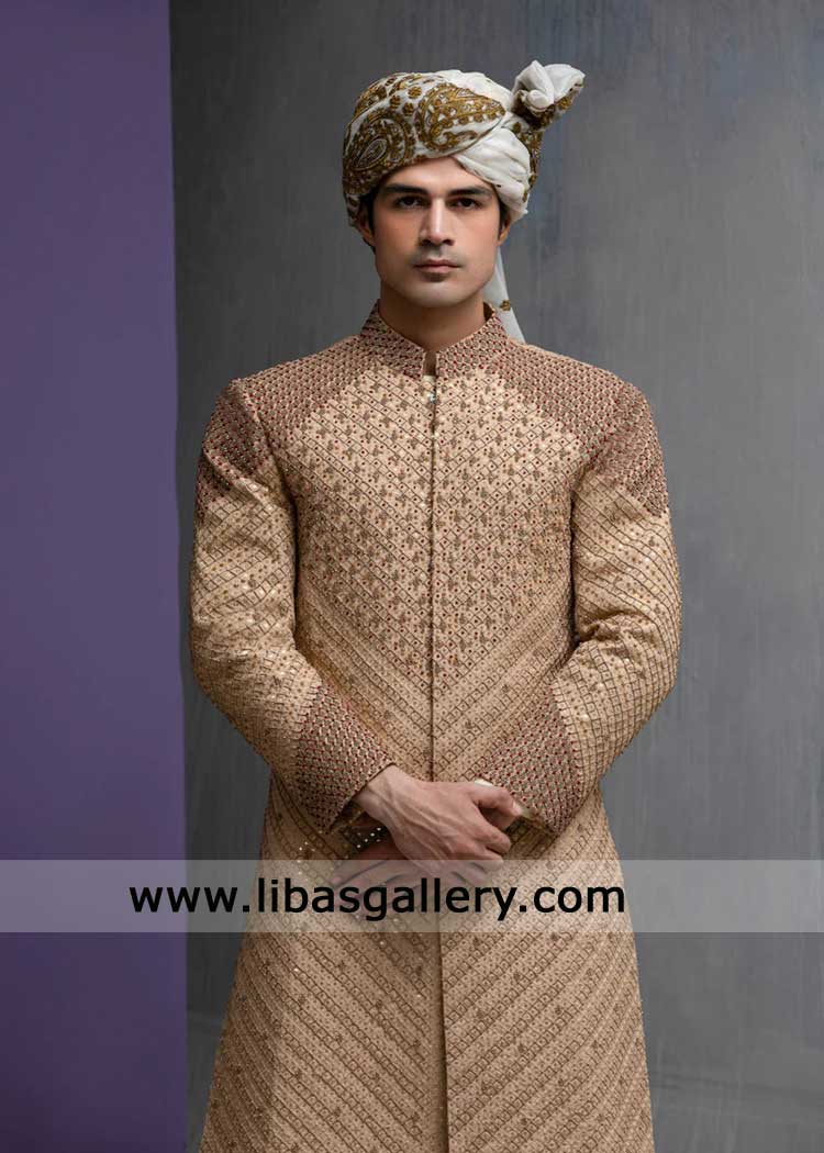 Gold and Maroon Raw Silk Groom Nikah Sherwani