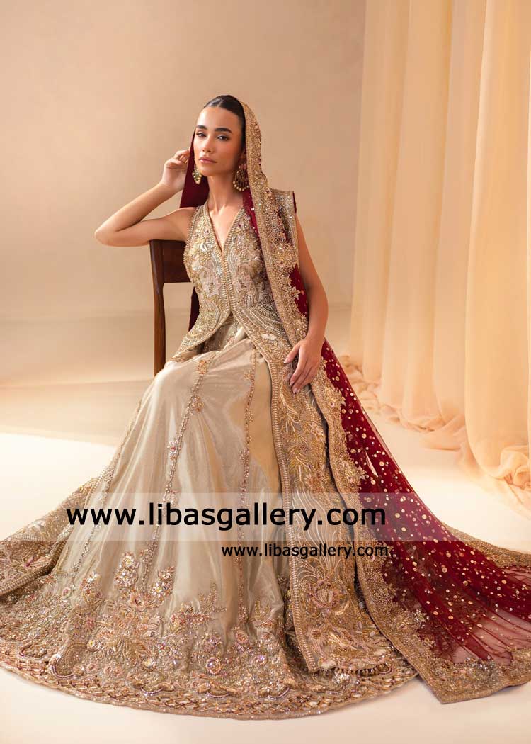 Gold Peshwas and Lehenga Hand Embellished Bridal Dress