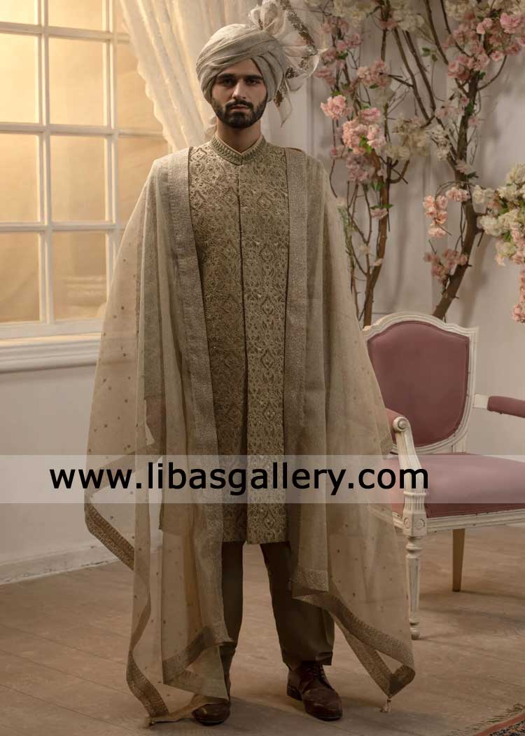 Groom sherwani Gold Embroidered with antique gold kora hand embellishment with shawl khussa turban inner UK USA Canada Qatar SAudi Arabia