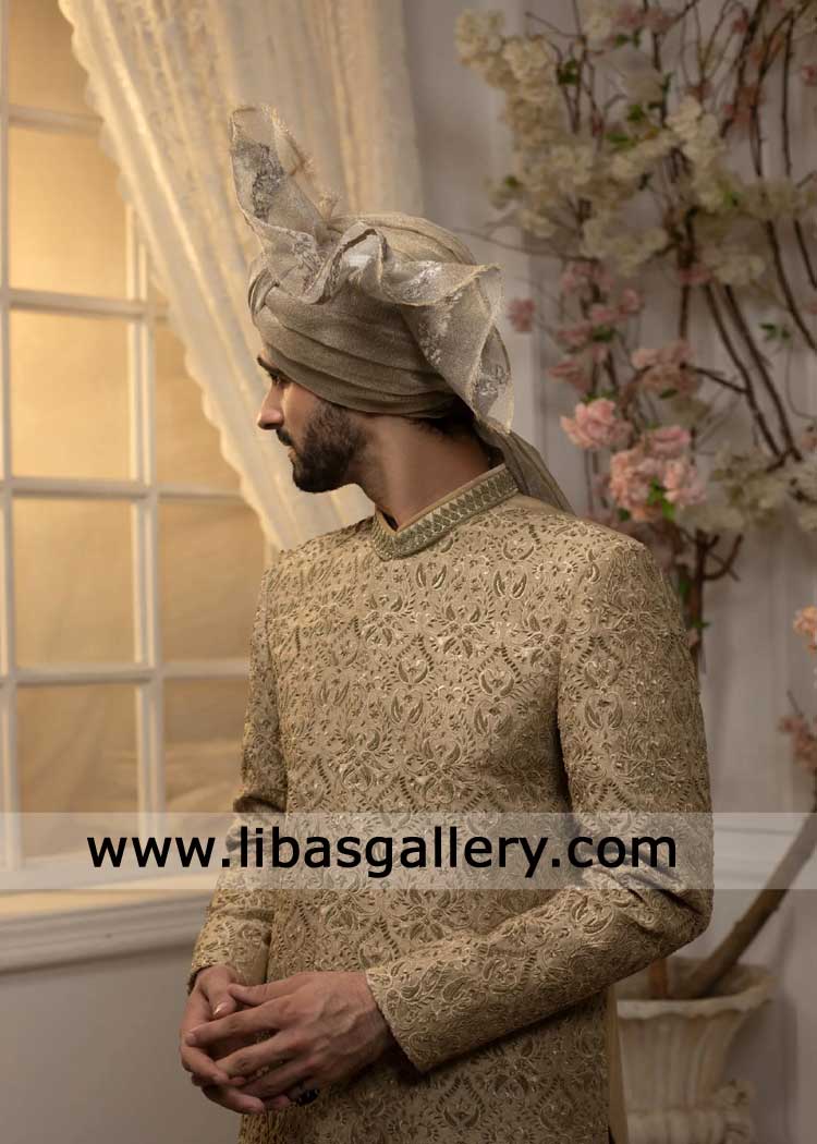 Gold Premium Royale Sherwani Hand Embellished for Groom