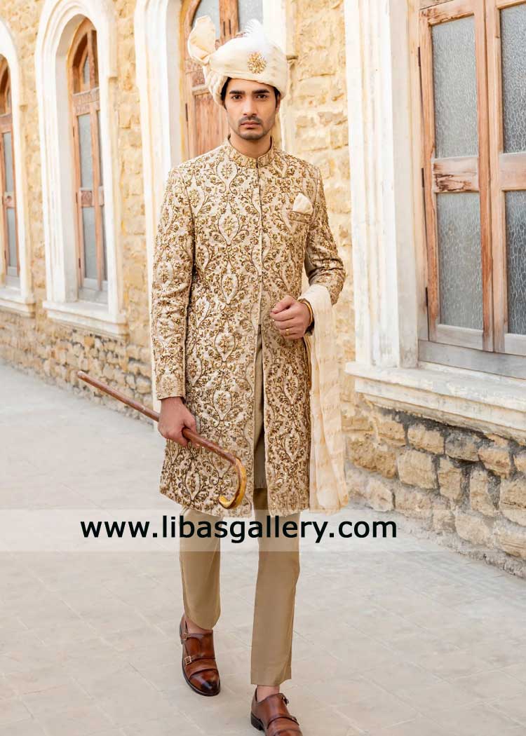Royal Gold hand embellished Wedding Sherwani for Groom
