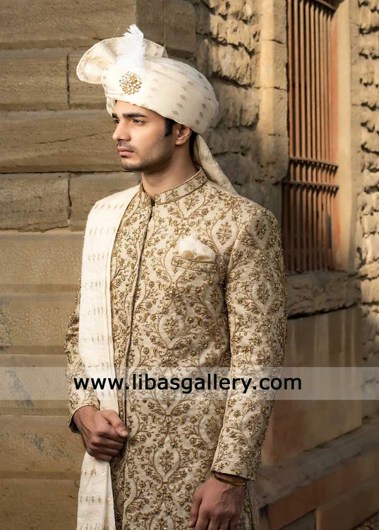Royal Gold hand embellished Wedding Sherwani for Groom