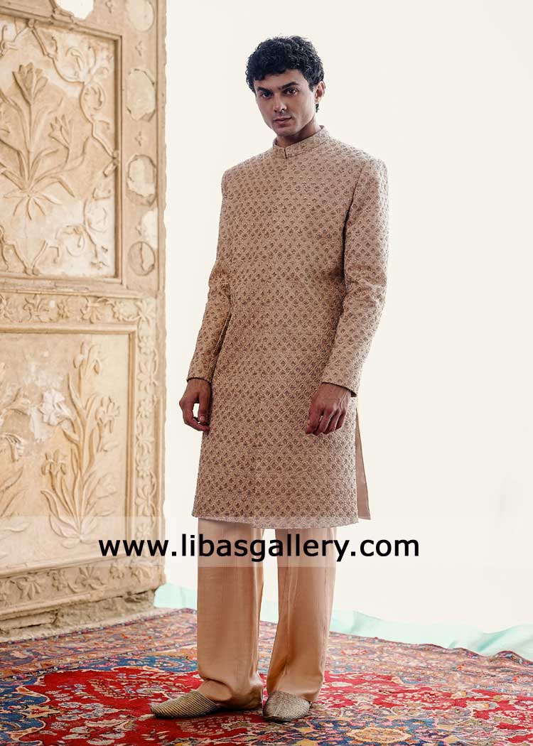 gold sherwani with resham hand work for wedding
