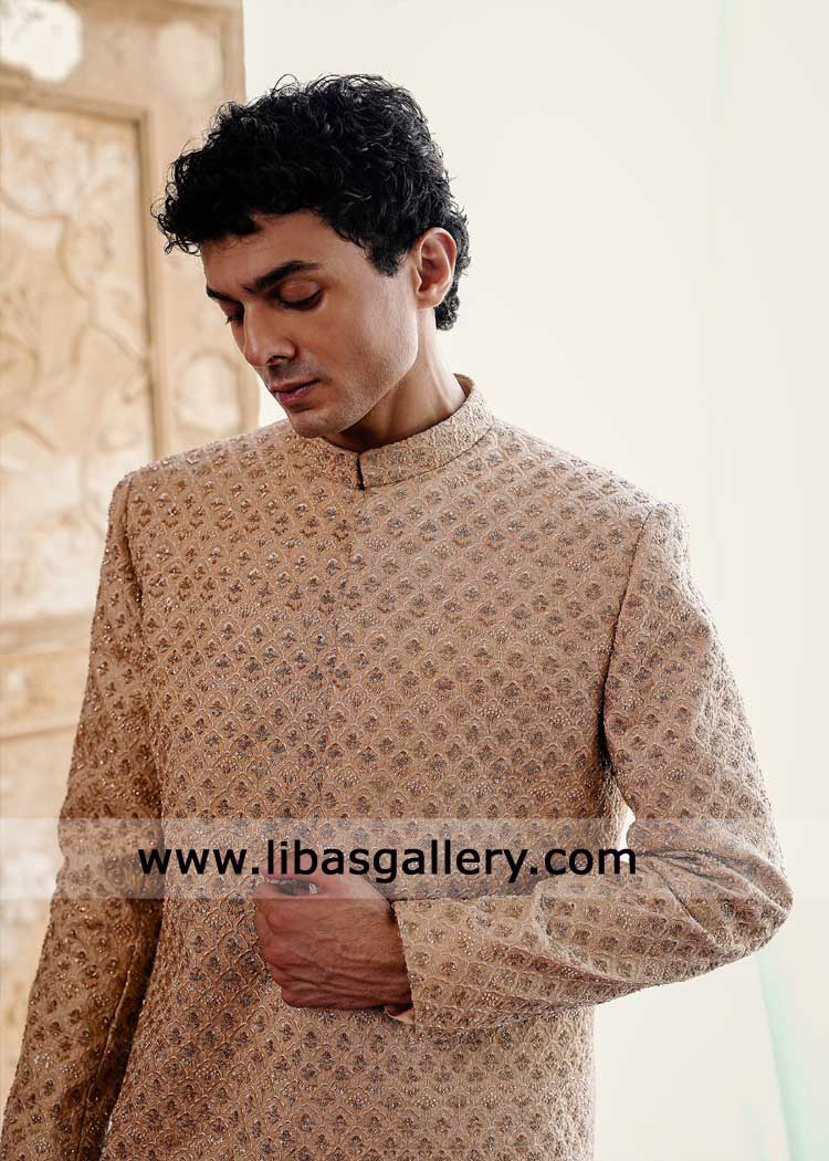 gold sherwani with resham hand work for wedding