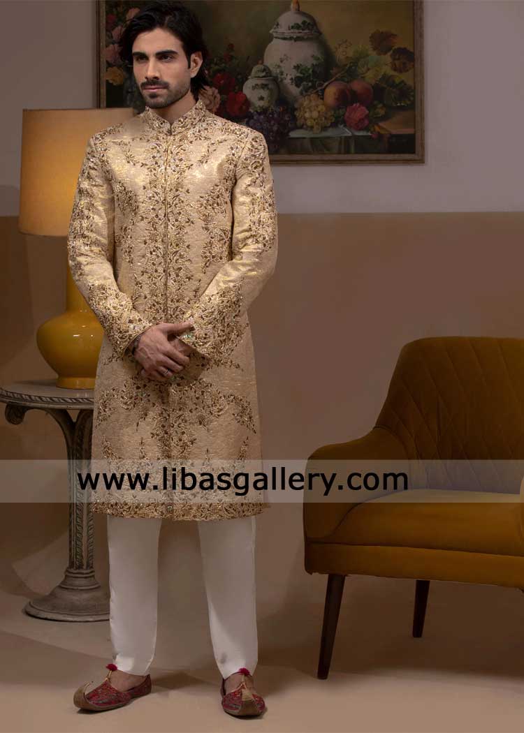 Gold Hue Groom embroidered wedding sherwani with gold and antique hand work on premium fabric kora dabka Nashville Memphis Washington USA