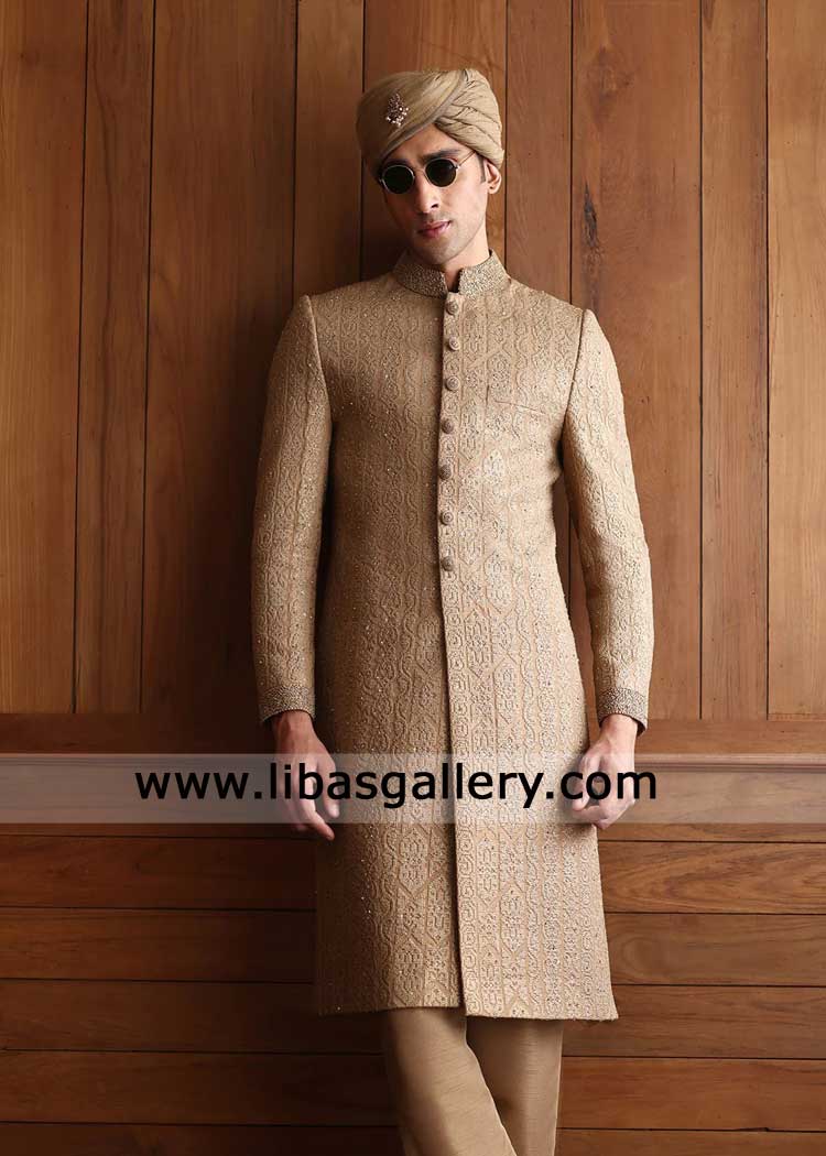 Golden Brown intricate Embellished Groom Wedding Sherwani