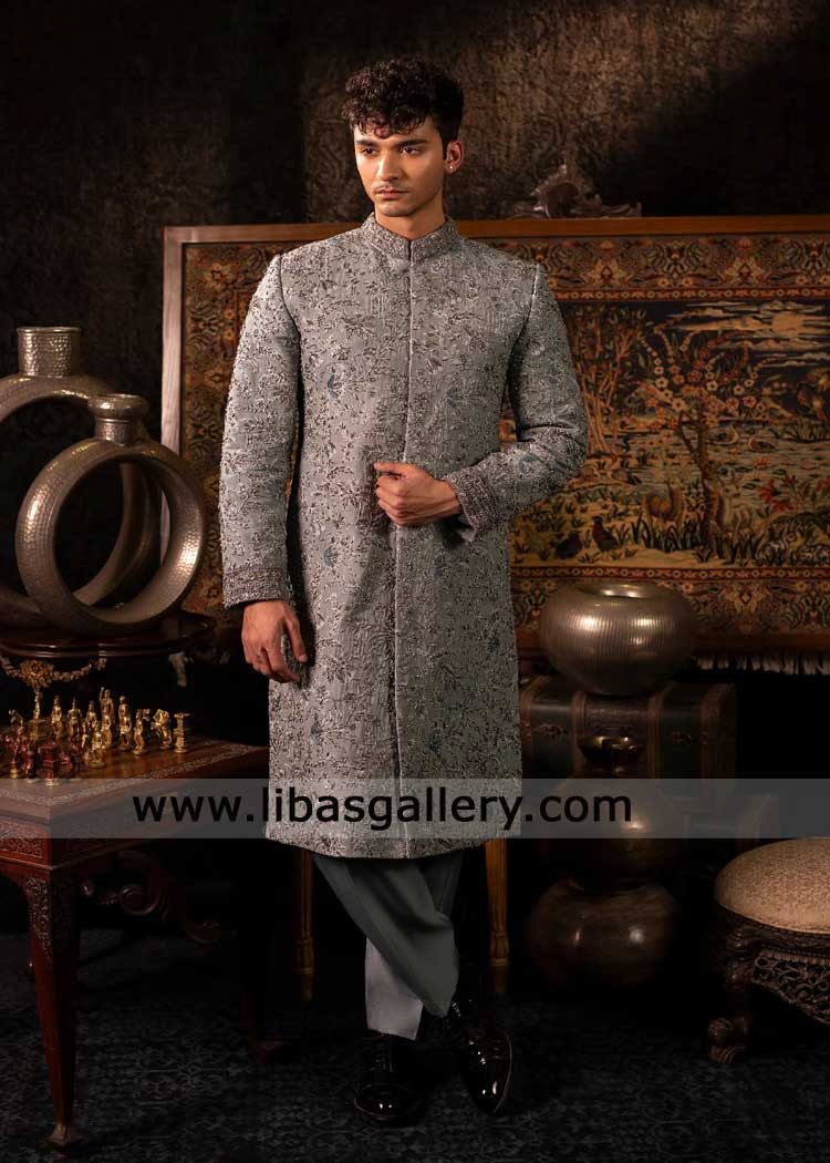 Pearl Gray embroidered wedding sherwani for groom 