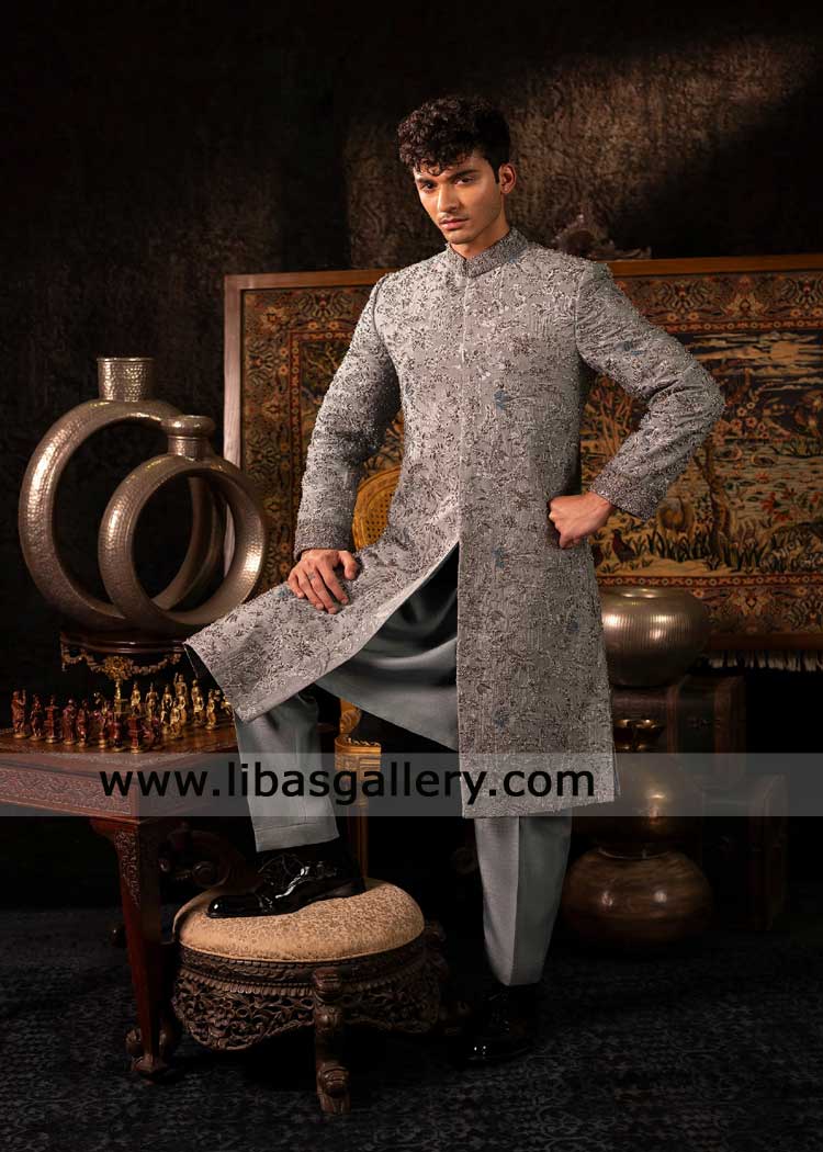 Pearl Gray embroidered wedding sherwani for groom 