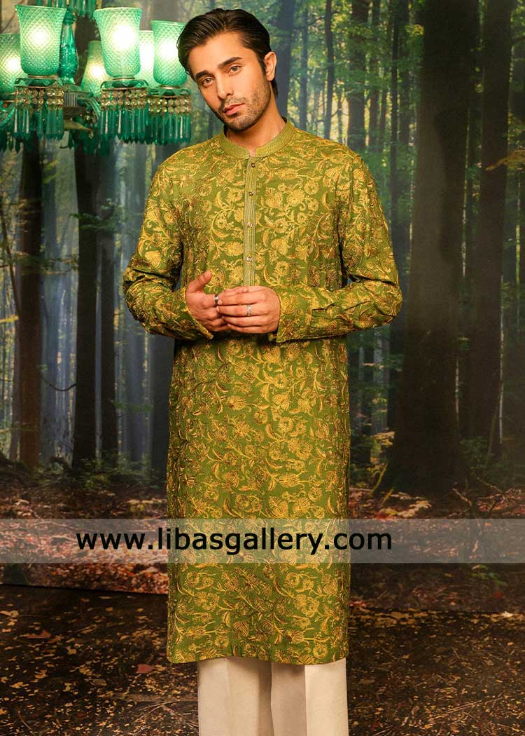 Green luxury Embroidered Kurta for Mehndi Occasion