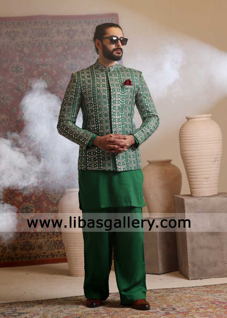 Green Foil Embroidered Prince coat for Groom Wedding