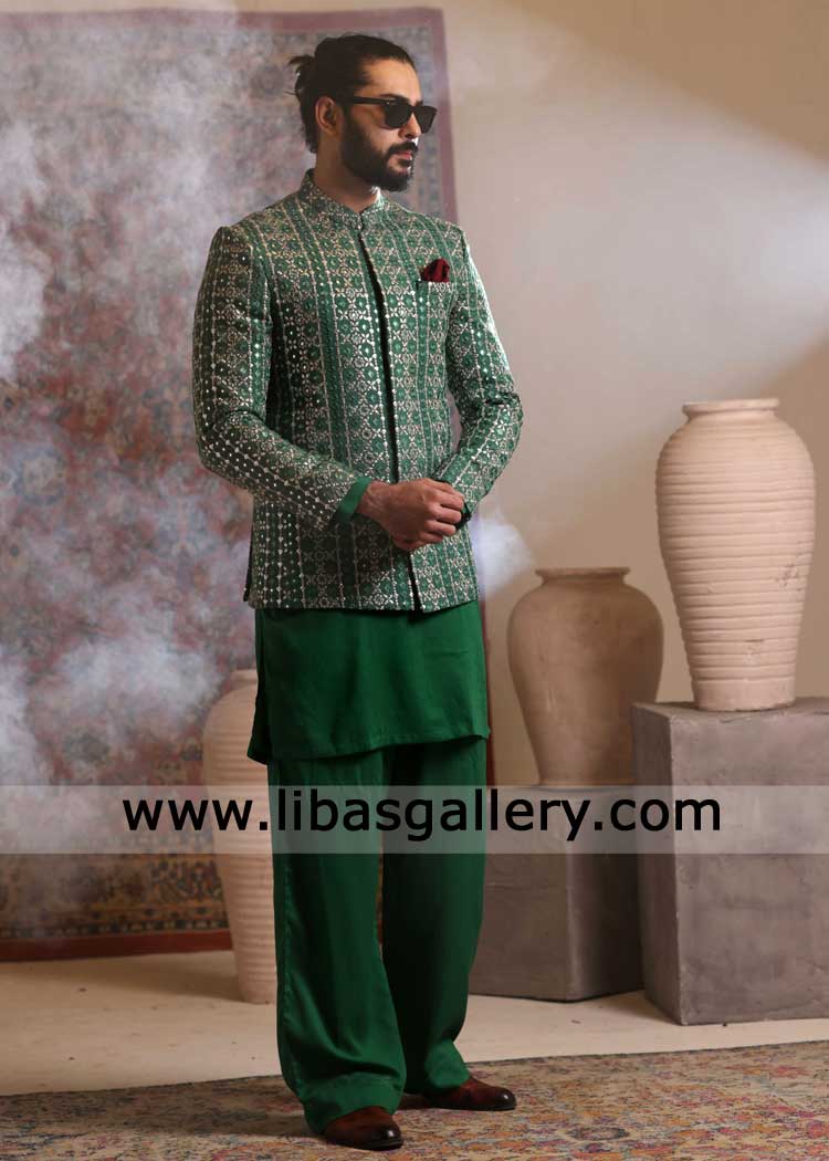 Green Foil Embroidered Prince coat for Groom Wedding