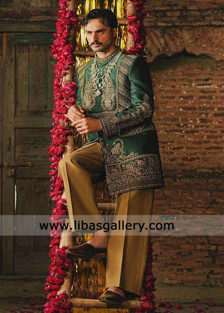 Green jodhpuri mid thigh embroidered groom sherwani
