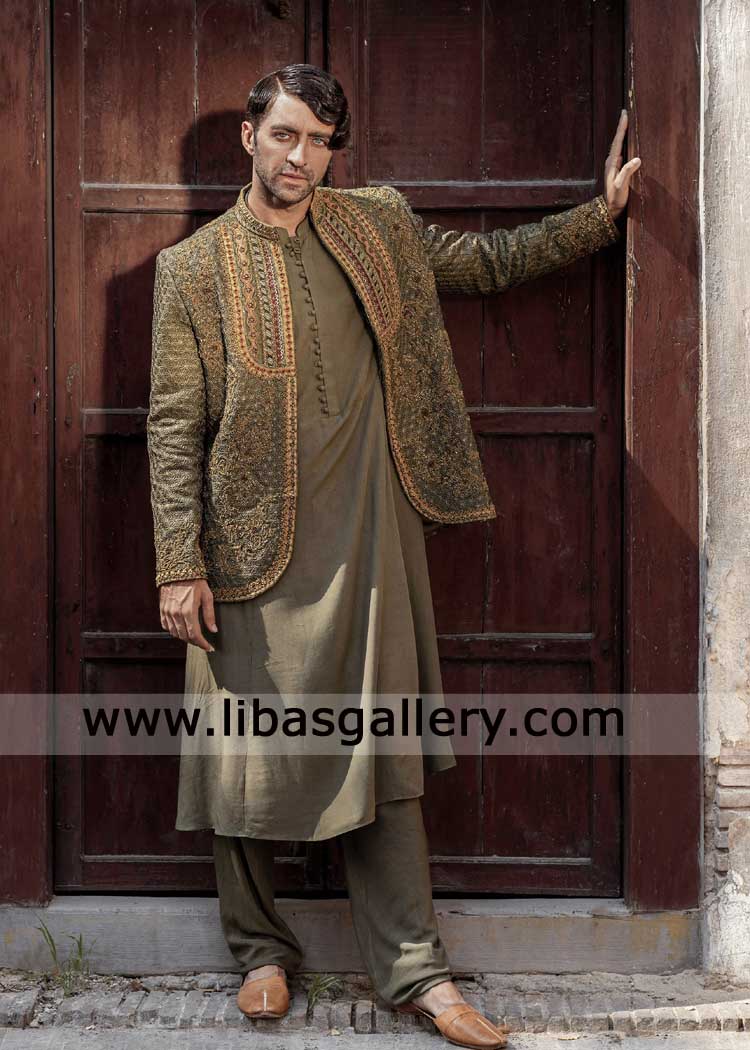 olive green prince coat rajasthani style for groom mehndi wedding adorned with gold hand embellishment Rajasthani style kurta shalwar UK USA Canada Australia