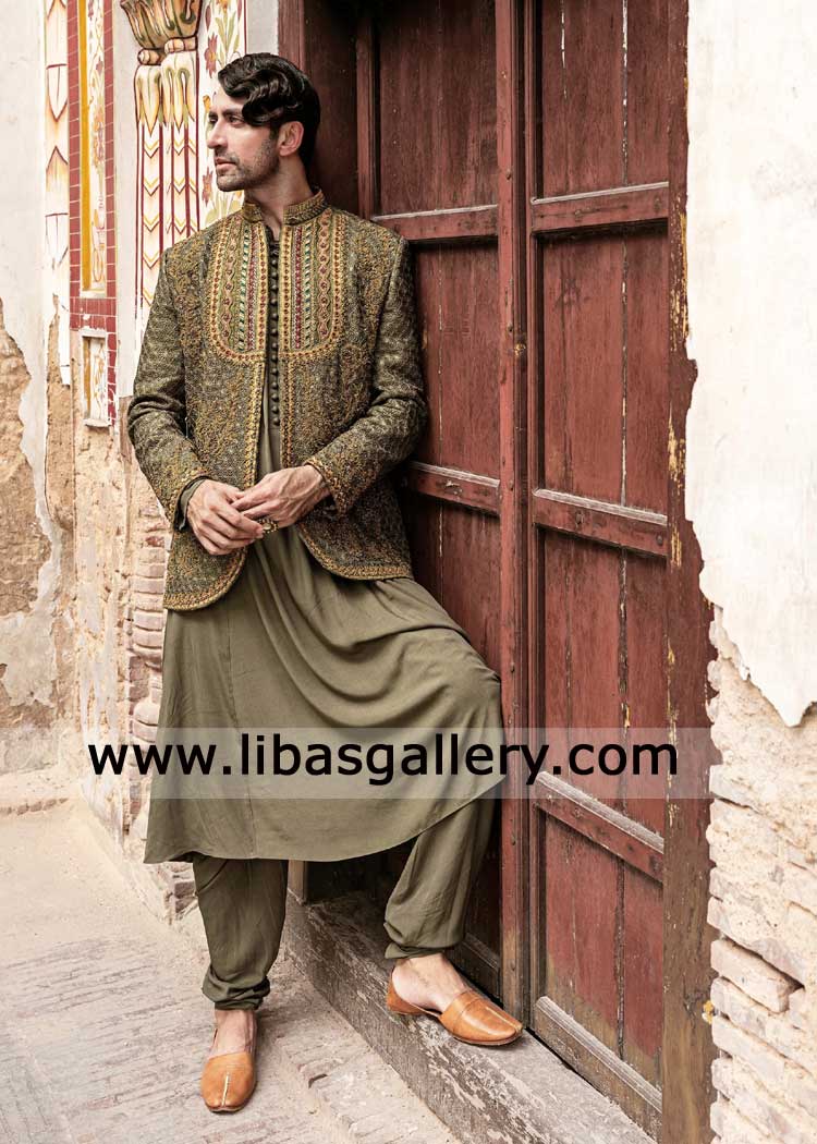 Olive Green Prince Coat with gold hand work Rajasthani Style