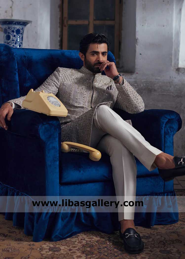 Silver grey Groom Exquisite Wedding Sherwani