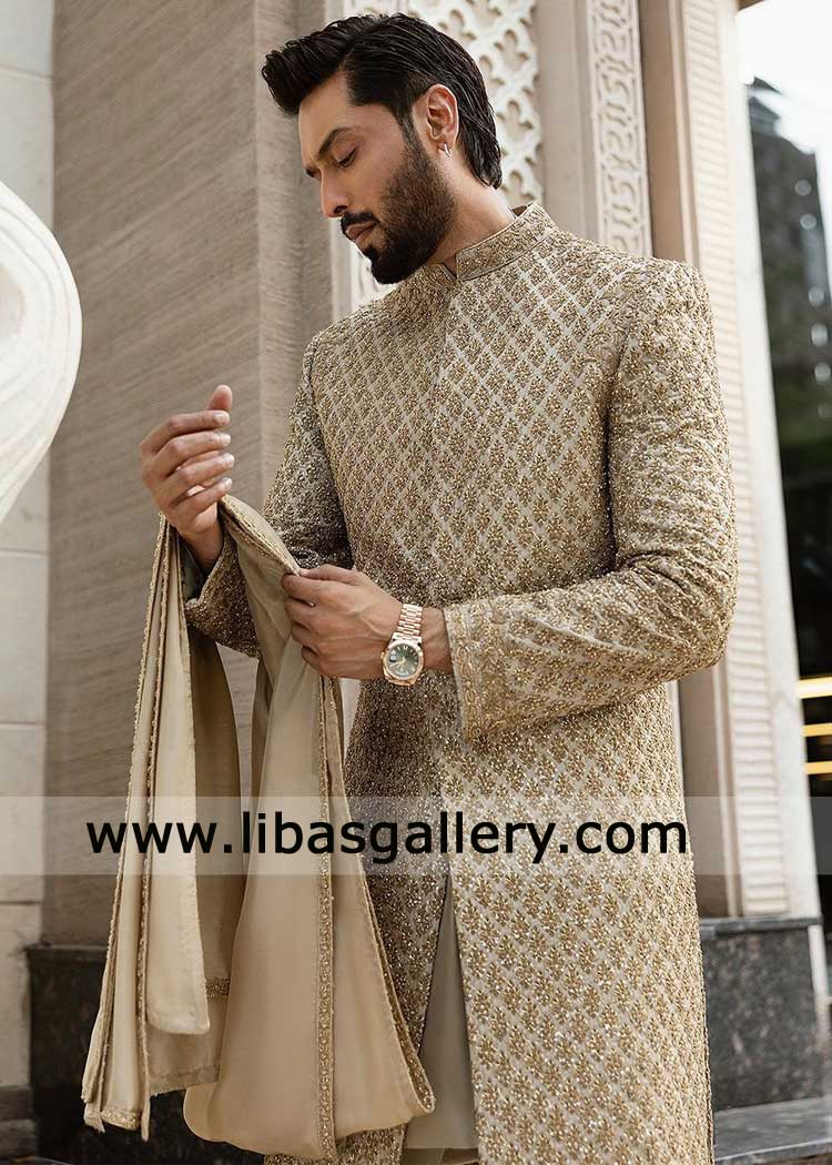 Groom Gold Shawl Embroidered for Nikah Sherwani