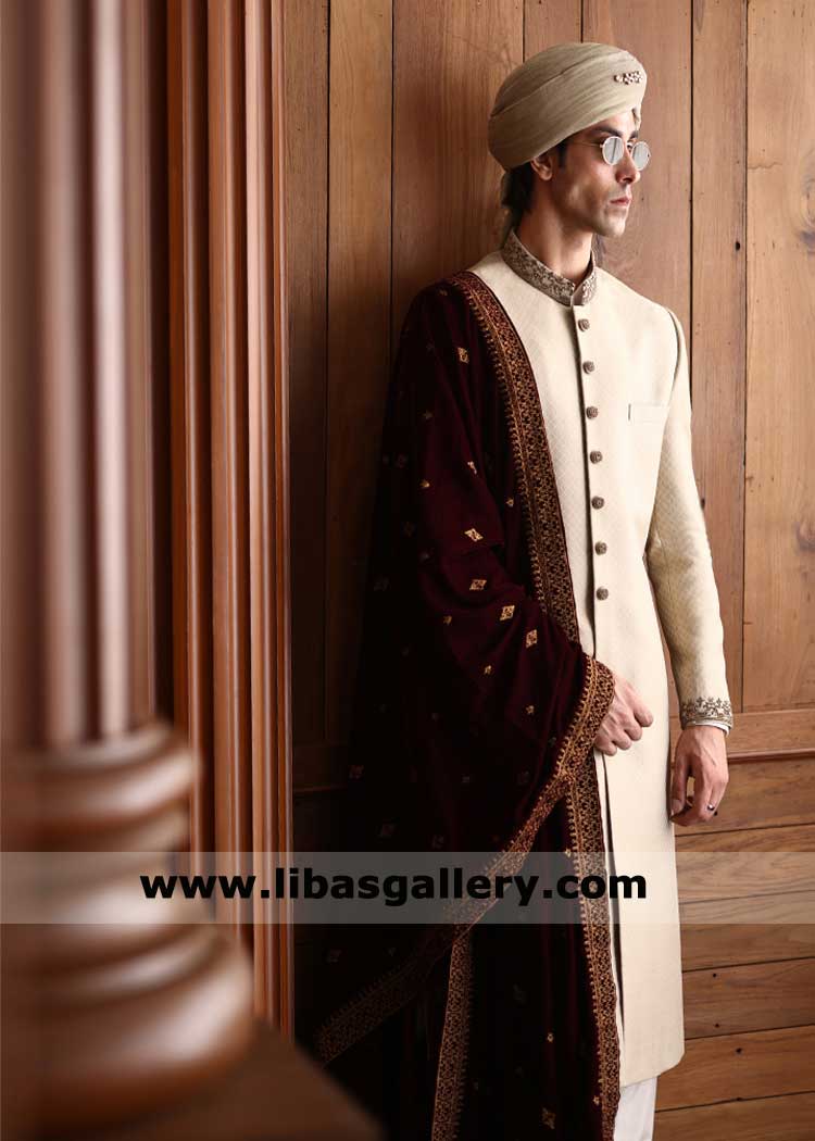 Maroon Shawl for Groom with Antique Gold Embroidery