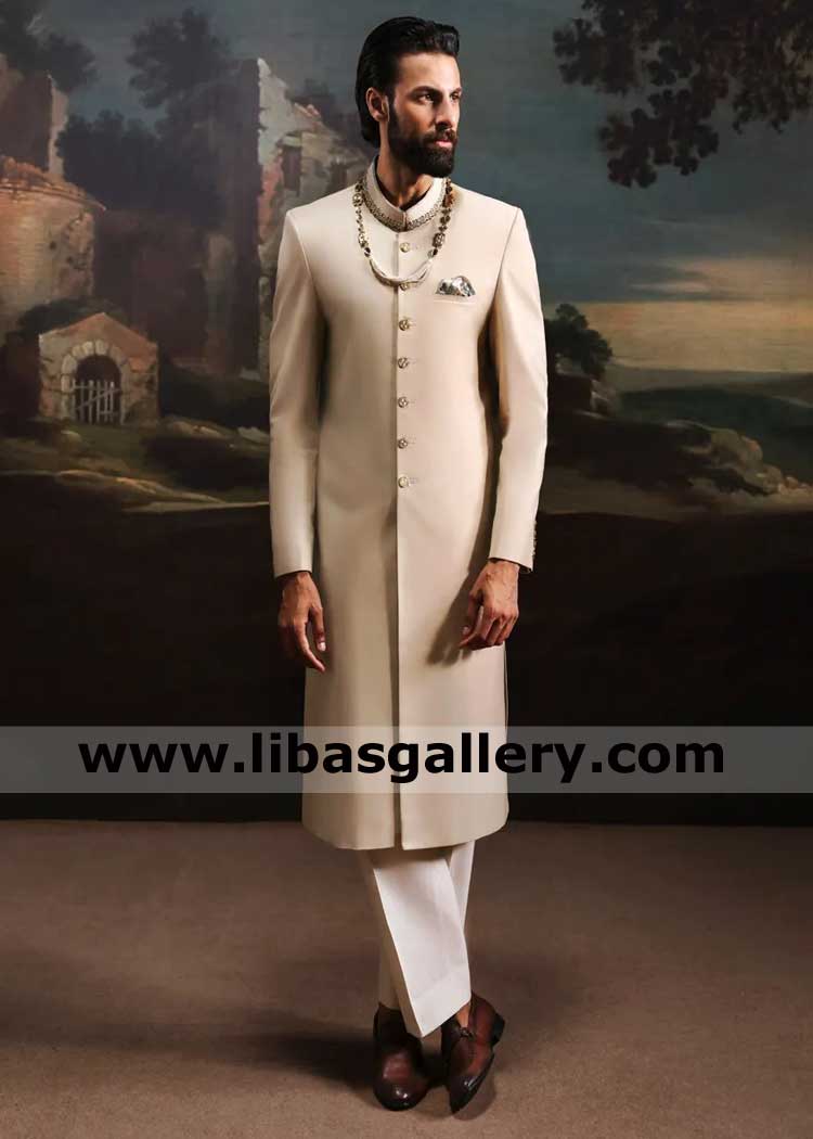 sherwani style in suiting fabric in fawn color for nikah, Wedding sherwani with collar work and inner London Toronto Dubai Perth California