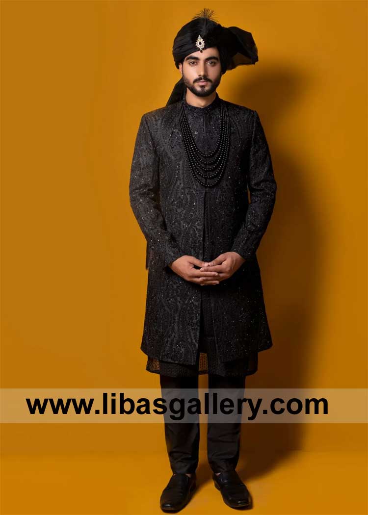 Heavily embroidered Black Sherwani meticulously crafted for discerning Groom